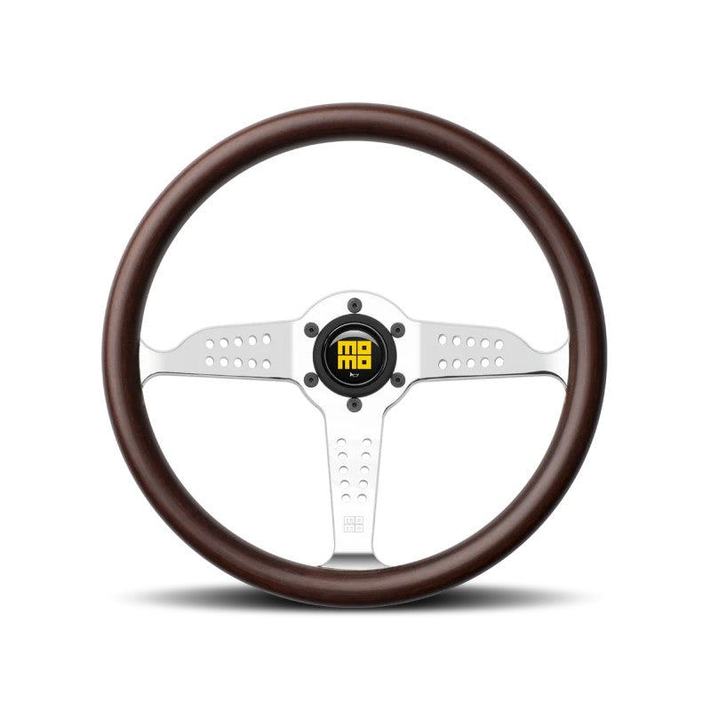 Momo Super Grand Prix 350mm steering wheel with mahogany wood rim and three polished aluminum spokes