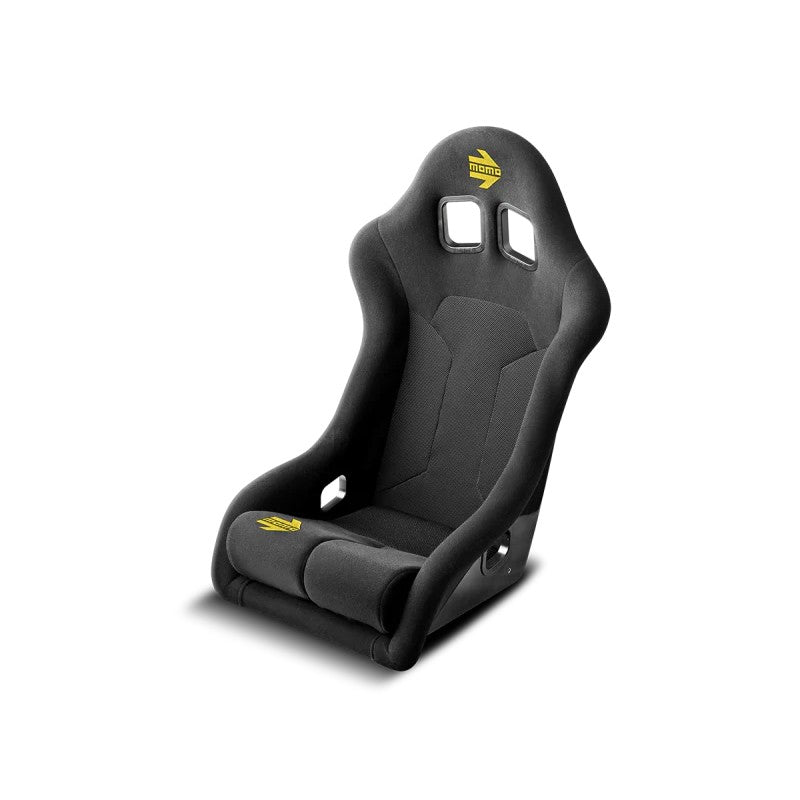Black Momo Supercup hardshell racing seat with FIA 8855-1999 certification and fire-retardant upholstery.