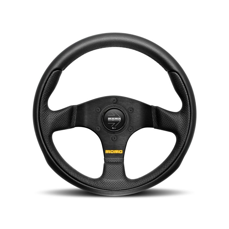 Momo Team 300mm steering wheel featuring a black leather rim and black three-spoke center with Momo logo.