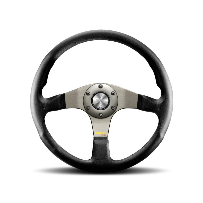 Momo Tuner 350mm steering wheel in black leather with red stitching and three black spokes.