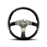 Momo Tuner 350mm steering wheel in black leather with red stitching and three black spokes.
