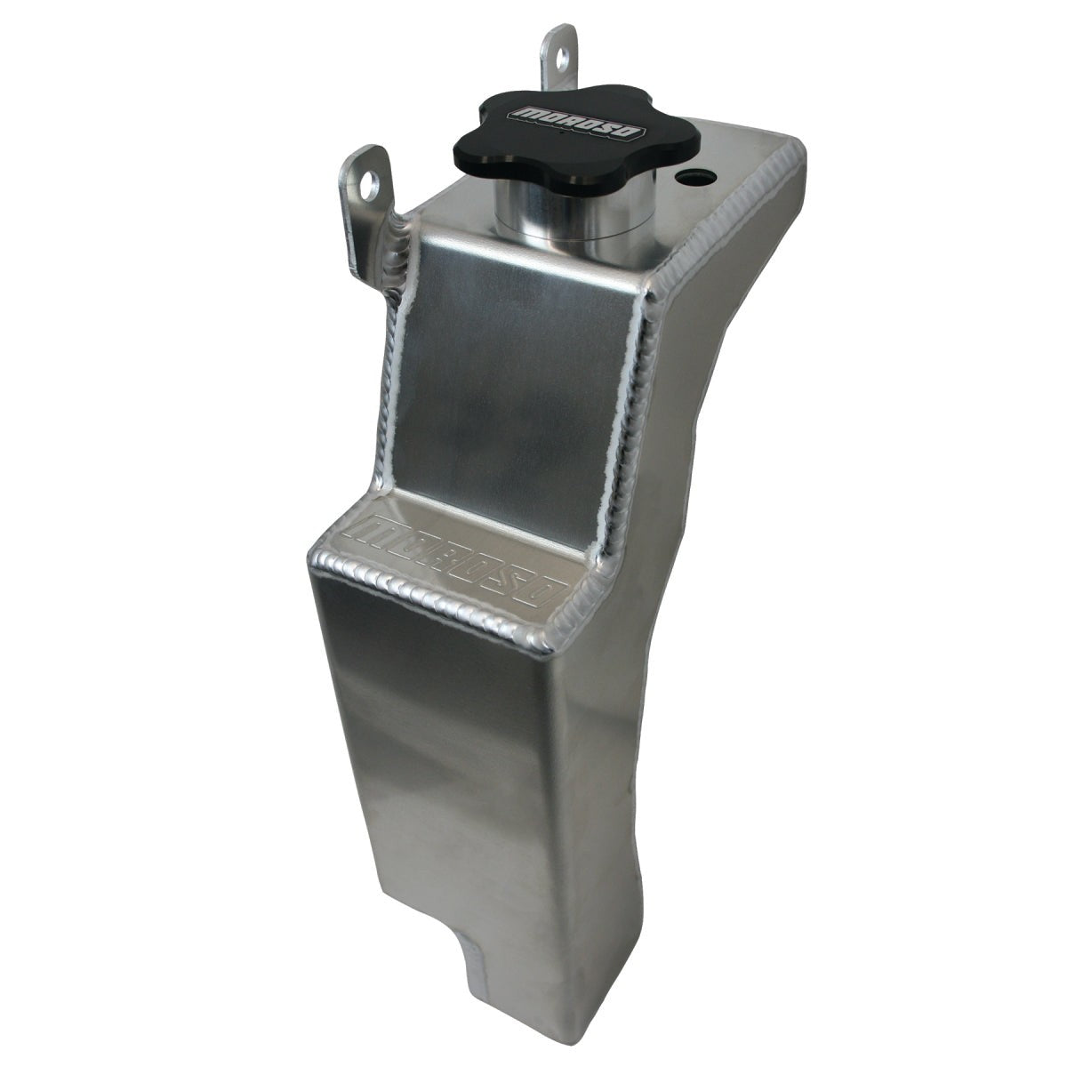 Fabricated aluminum Moroso coolant expansion tank with weld seams and factory mounting tabs for Subaru WRX/STI.