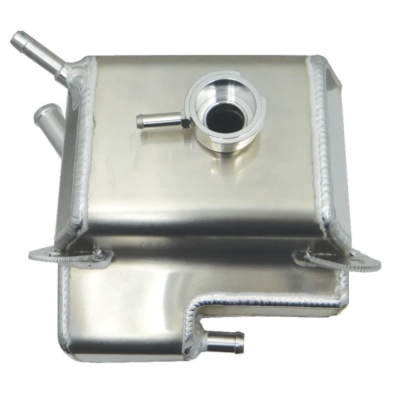 Fabricated aluminum coolant expansion tank for 2003-2012 Mazda RX-8 featuring a billet filler neck and mounting brackets.