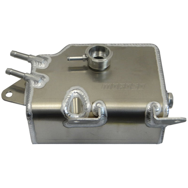 Fabricated aluminum coolant expansion tank for 2006-2015 Mazda Miata with TIG-welded seams and billet filler neck.