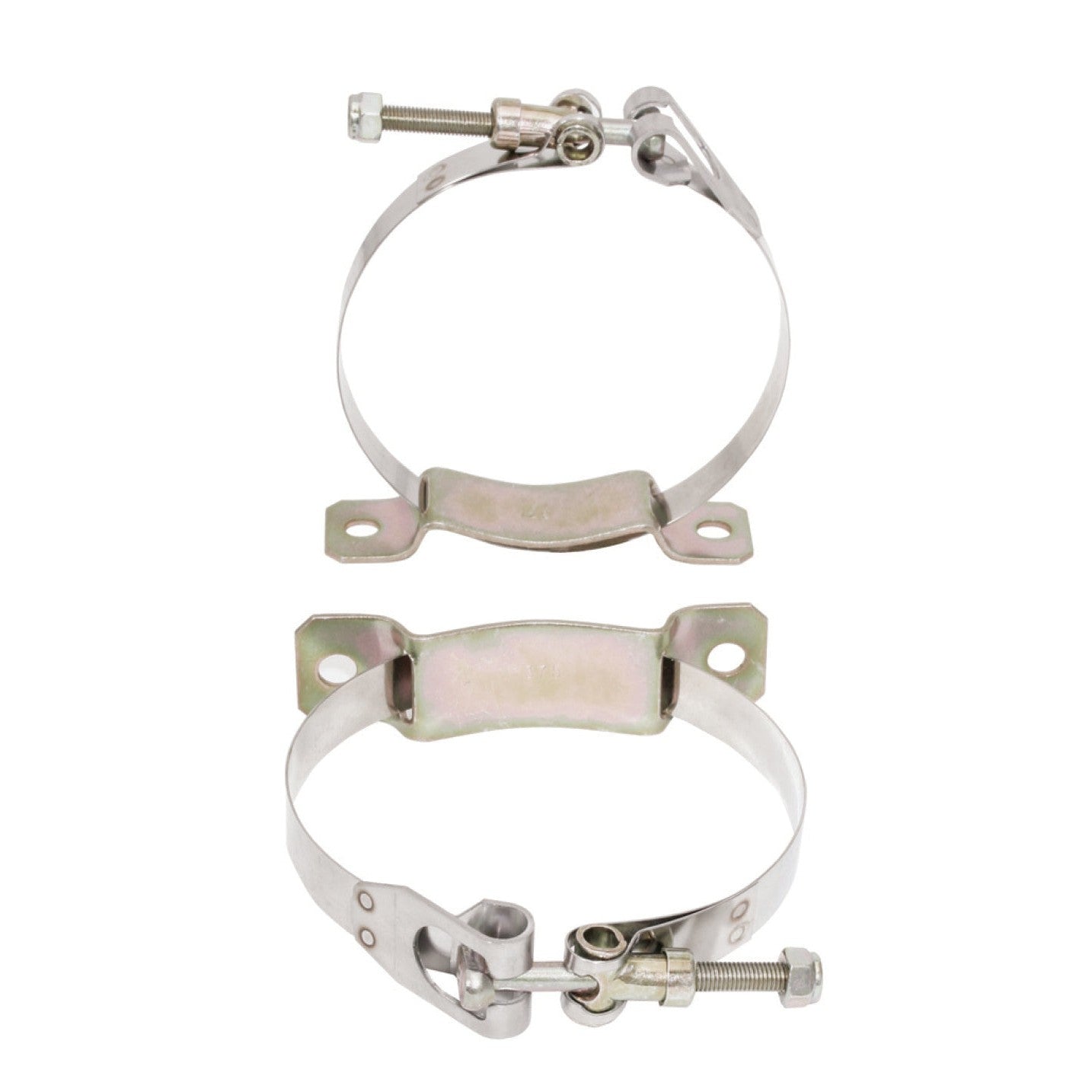 Pair of Moroso gold zinc-plated steel accumulator mounting brackets for secure tank installation.
