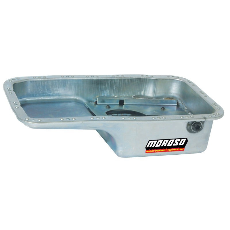 Moroso 20910 steel road race oil pan with gold zinc finish and internal trap-door baffling for B16A3 engines.