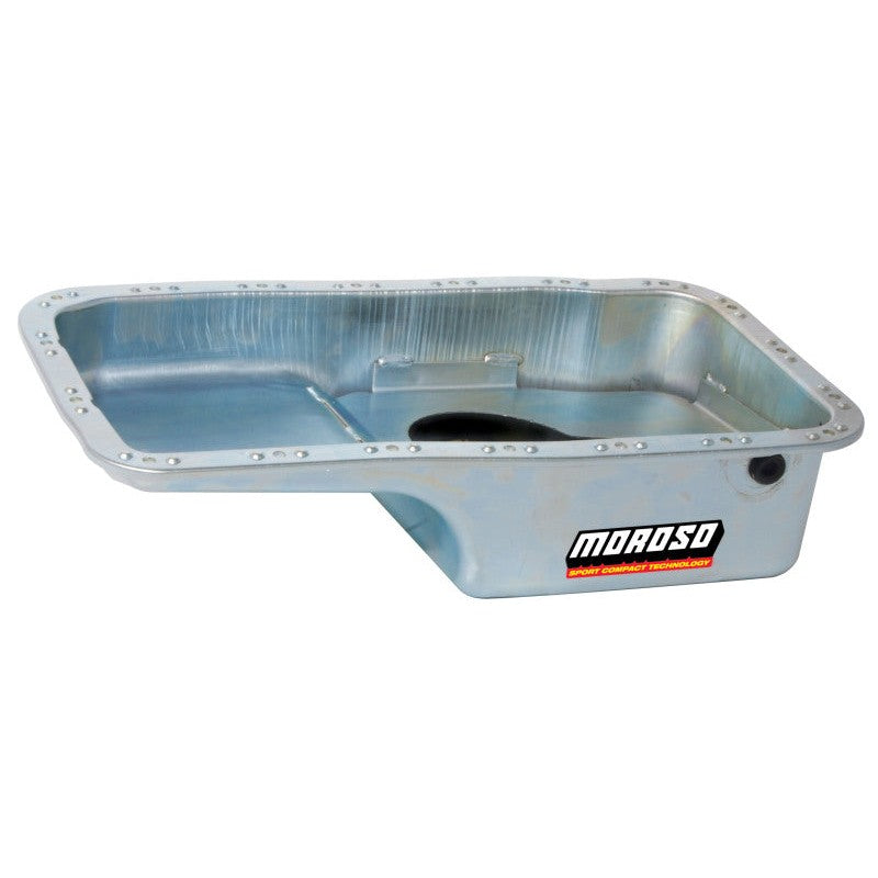 Moroso 20911 steel wet sump oil pan with gold zinc finish and integrated drainback ports for Honda Acura 1.6L B16A3 engines