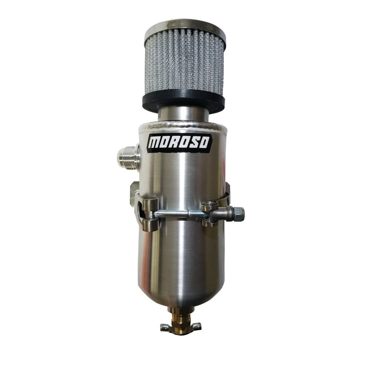 Aluminum Moroso breather tank and catch can with a -10AN male inlet fitting and a filtered breather cap.