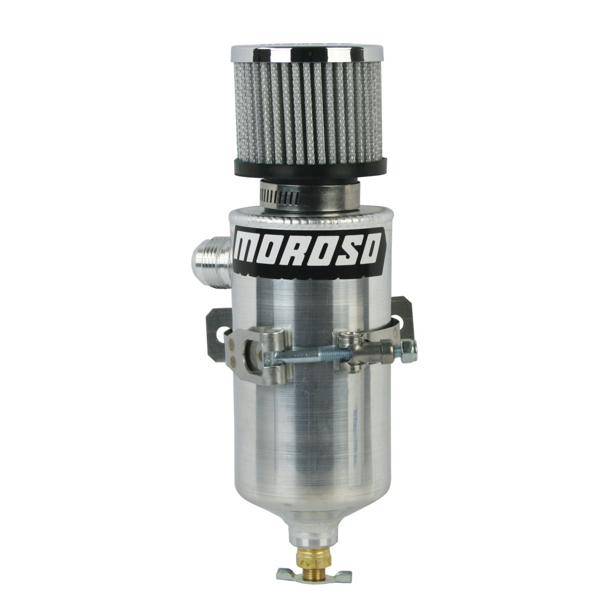 Moroso 85465 aluminum breather tank and oil catch can featuring a -12AN male inlet and top-mounted breather filter.
