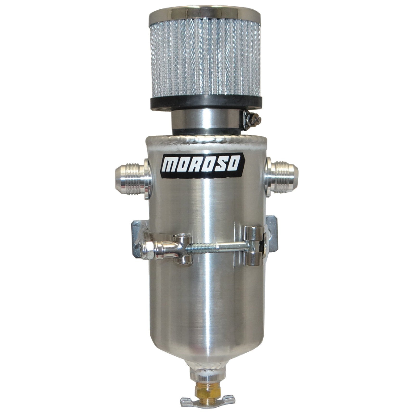 Cylindrical aluminum Moroso breather tank with two -10AN male fittings and integrated mounting bracket