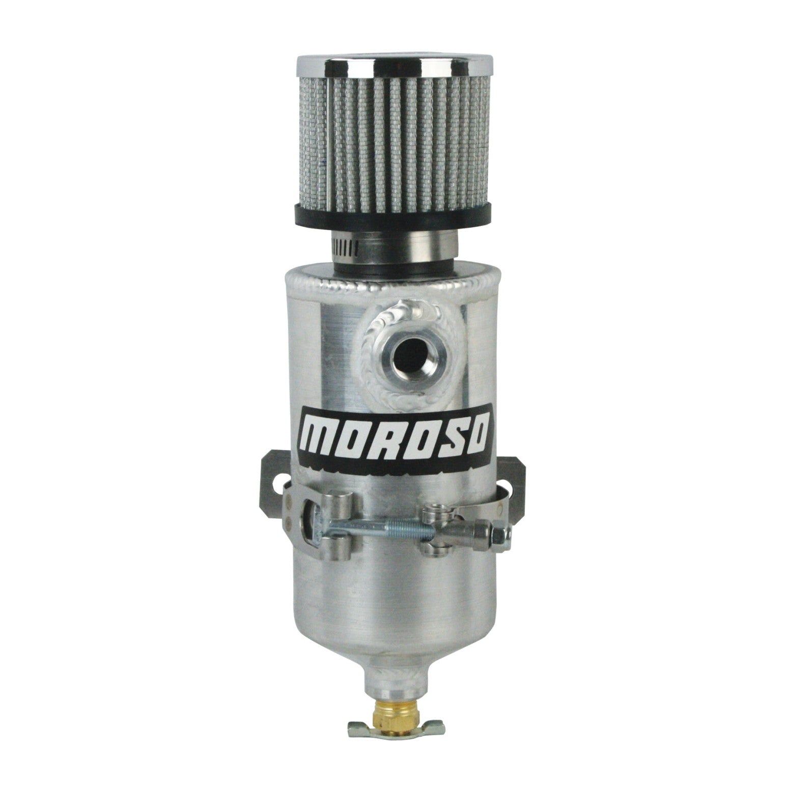Moroso cylindrical aluminum breather tank featuring a top-mounted air filter and dual 3/8 NPT female ports