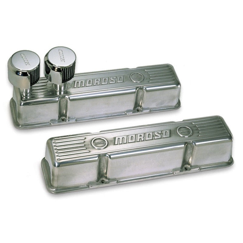 Pair of polished aluminum Moroso valve covers for Chevrolet Small Block with dual front breathers on one cover
