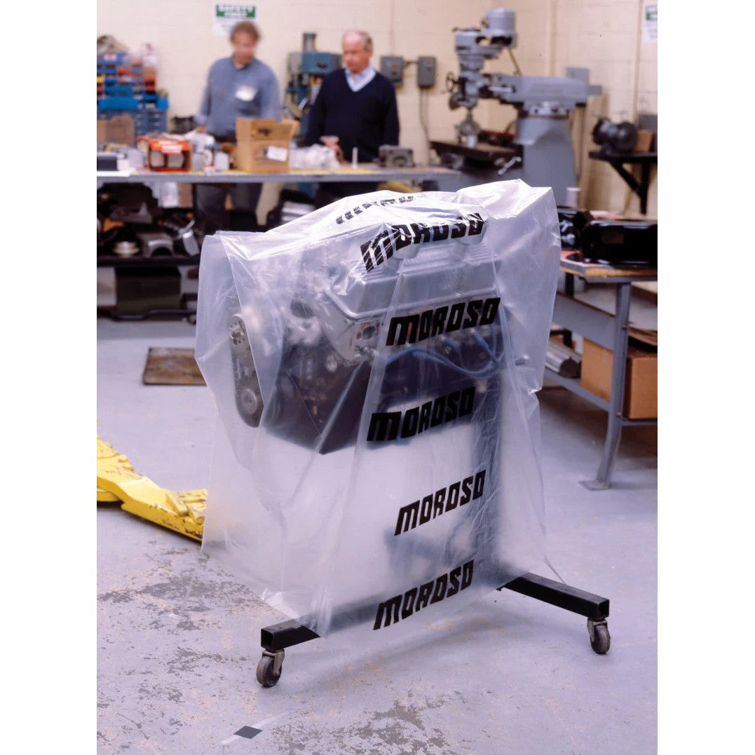 Heavy-duty Moroso engine storage bag with logo and 47-inch tall dimensions