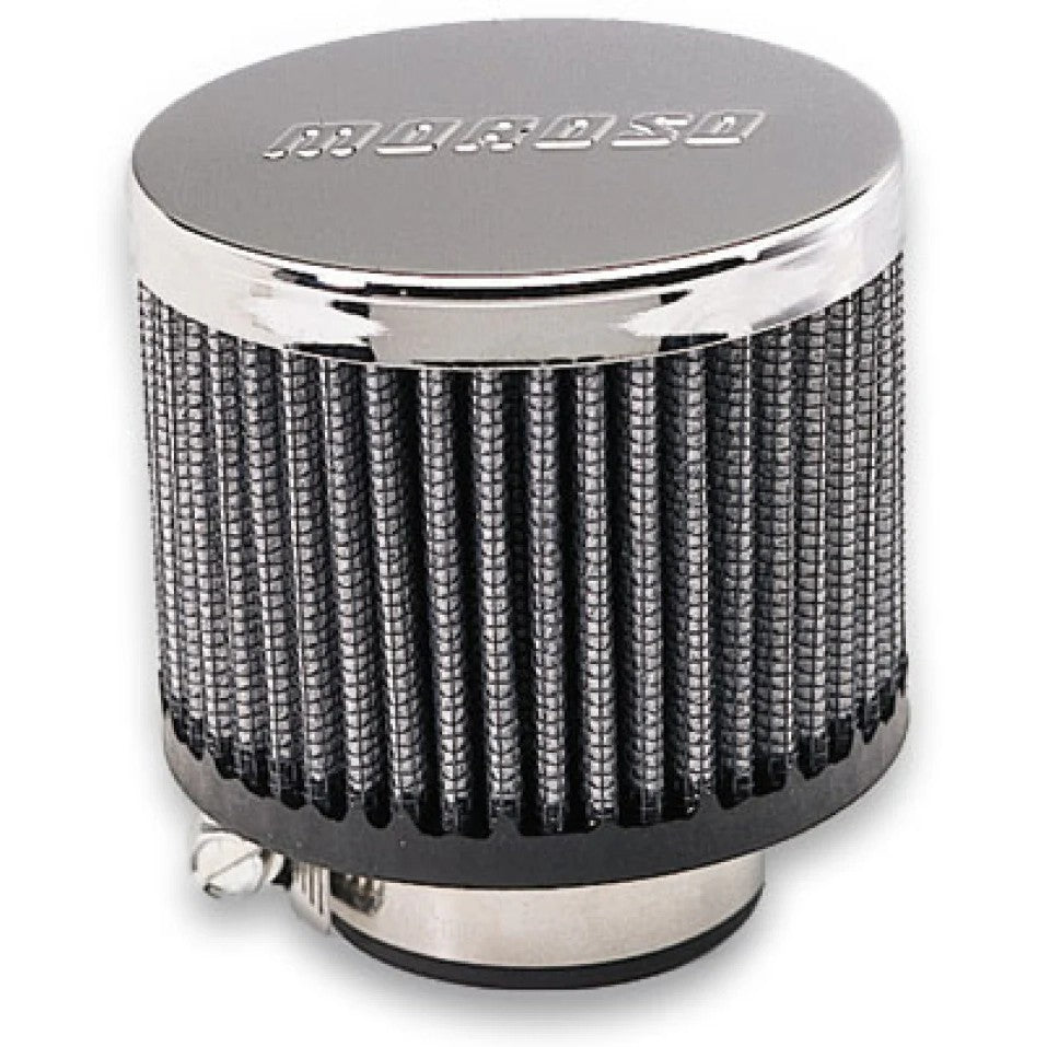 Moroso clamp-on valve cover breather with 1-3/8 inch ID and exposed filter element without a metal hood.