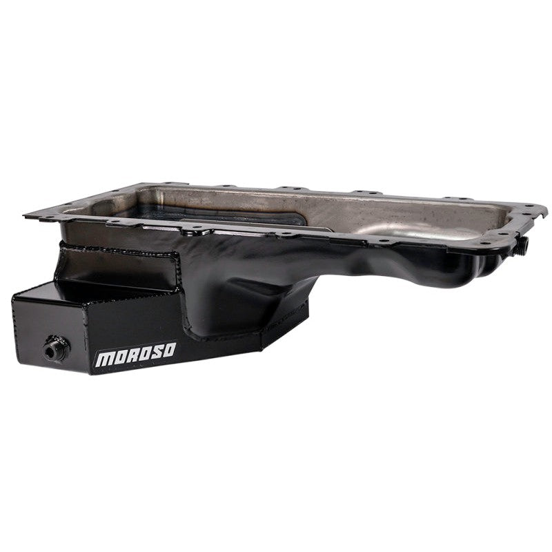 Moroso 20548 steel road race baffled wet sump oil pan with 8-quart capacity for Ford 4.6L and 5.4L engines.