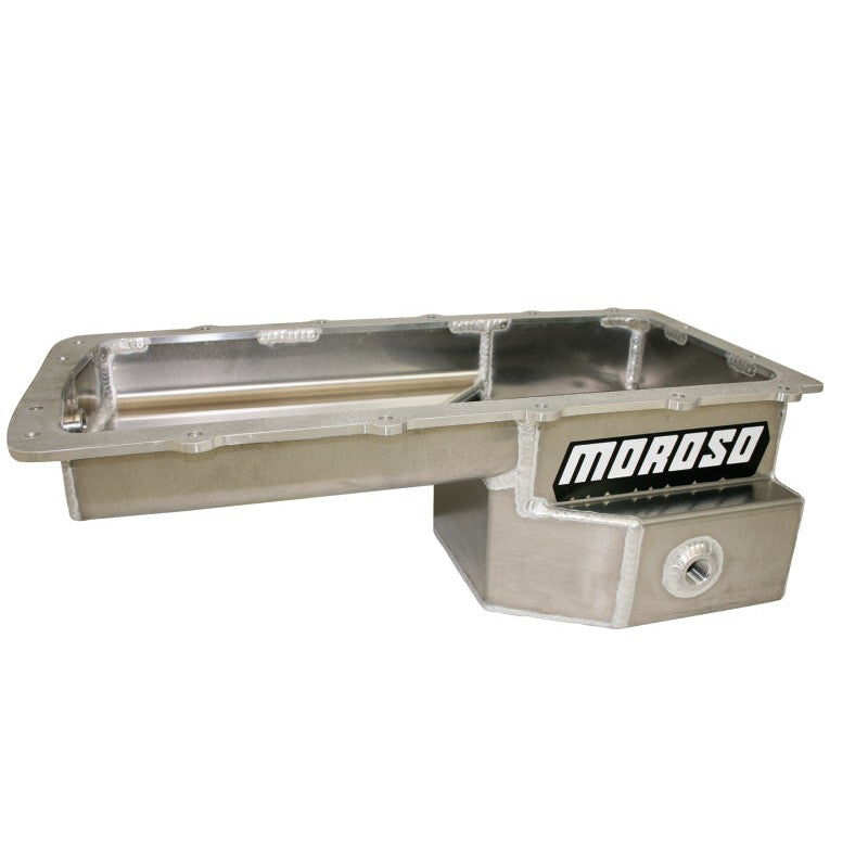 Moroso 20574 fabricated aluminum 9-quart rear sump drag race oil pan for Ford 5.0 Coyote engines.