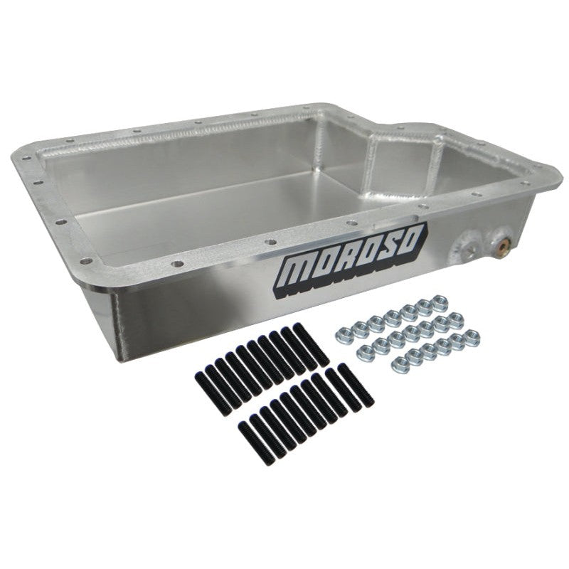 Moroso 42050 deep steel transmission pan for Ford E4OD and 4R100 transmissions with a 3.642-inch depth.
