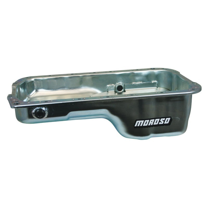Moroso steel wet sump oil pan for Honda H-Series engines featuring integrated oil drainback ports and 5.25-inch depth.