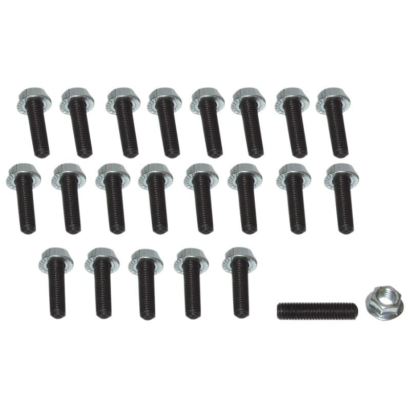 Set of 22 Moroso 38366 steel 6mm oil pan studs and nuts for engine maintenance.