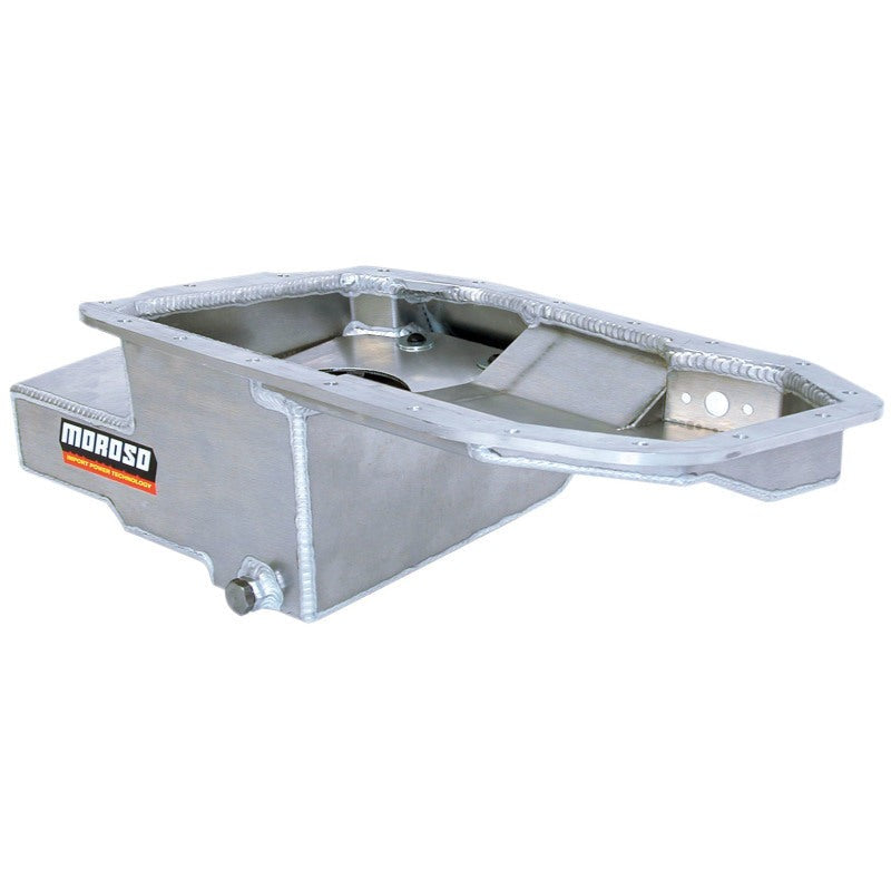 Moroso 20960 aluminum oil pan for Mitsubishi 4G63 featuring kicked-out road race baffled design.