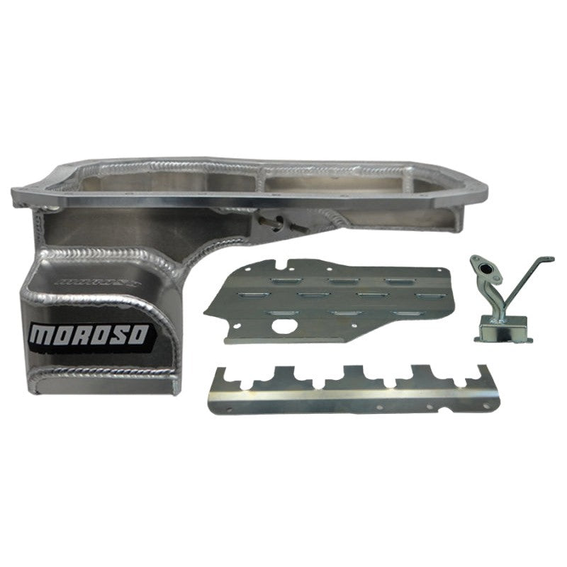 Moroso fabricated aluminum baffled road race oil pan with internal trap doors for Mitsubishi Lancer Evolution 7/8/9.
