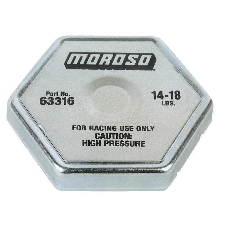 Moroso 63316 Racing Radiator Cap featuring a 14-18 lbs pressure rating and silver finish