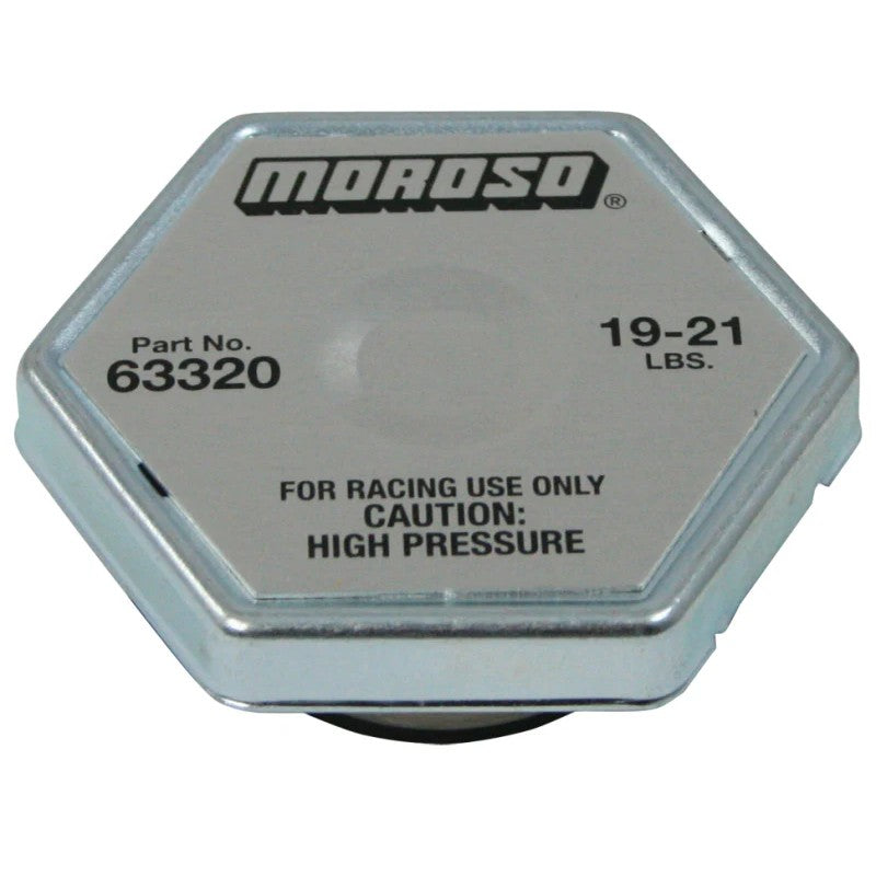 Moroso 19-21 lbs high-pressure racing radiator cap featuring the Moroso logo and pressure specifications.