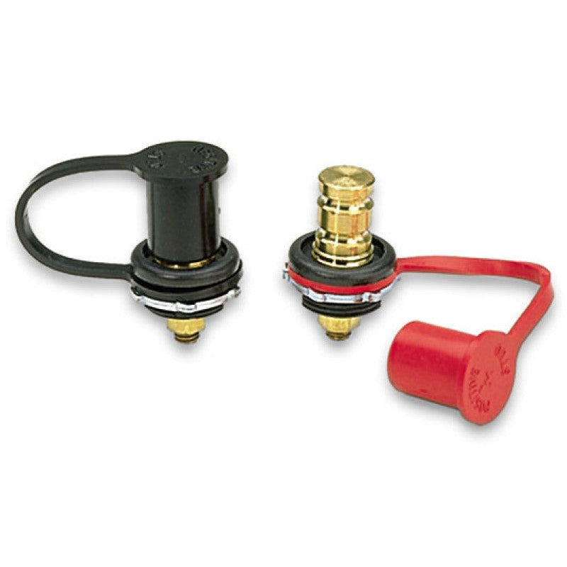 Moroso 74140 remote battery jumper terminals with red and black color-coded caps and mounting insulators.
