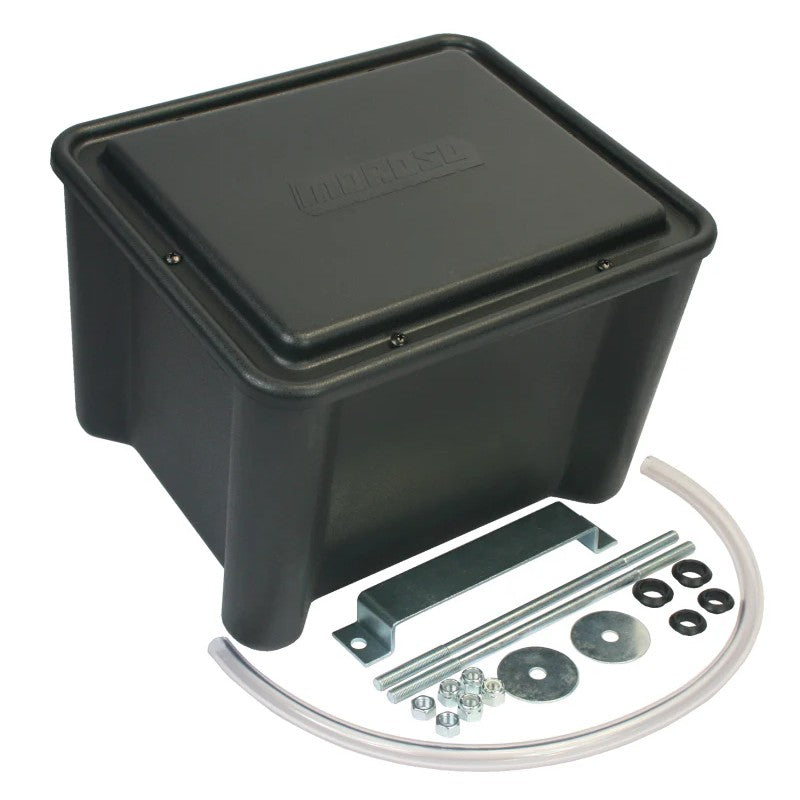 Black Moroso sealed battery box kit including heavy-duty hold-down hardware and ventilation tubing.