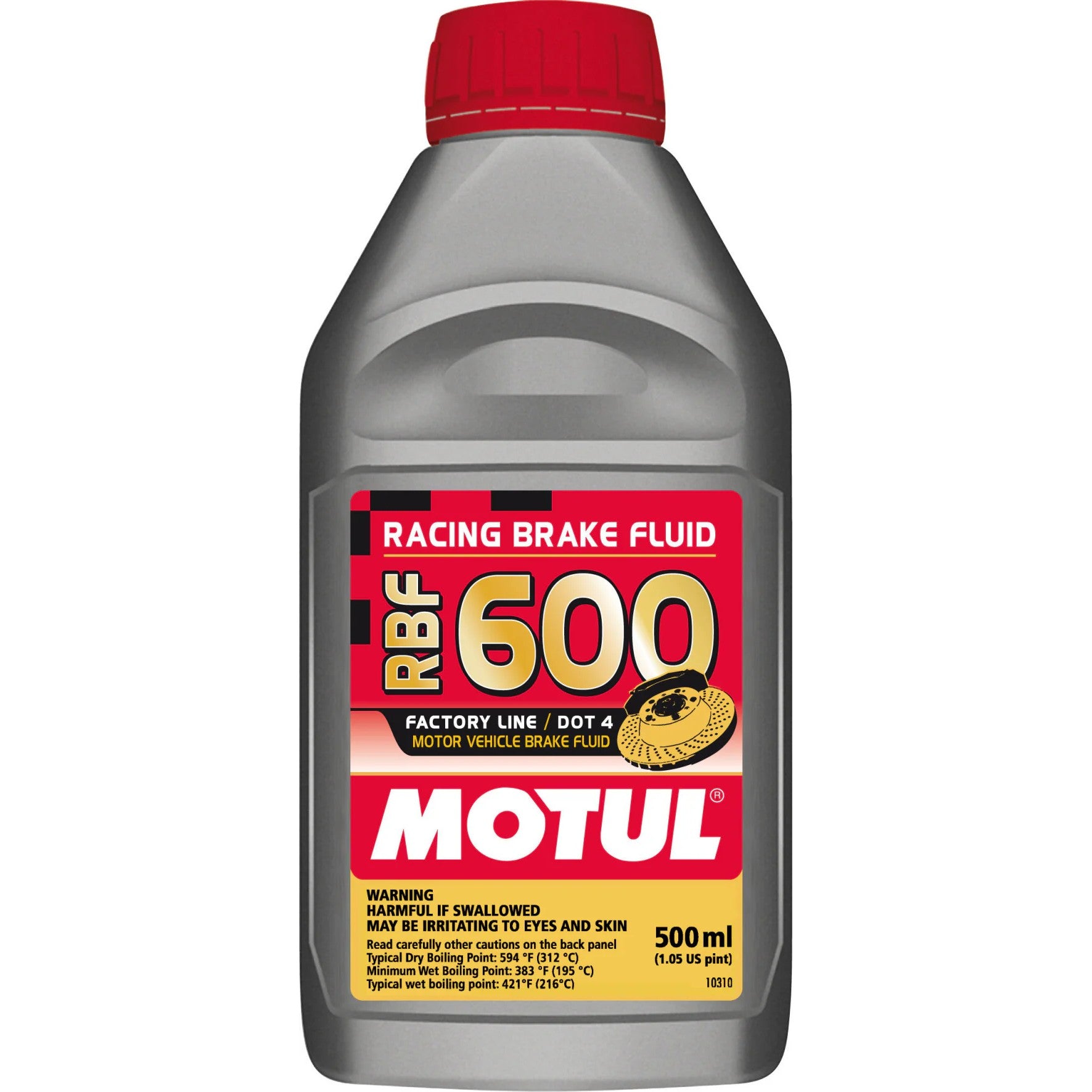 500ml bottle of Motul RBF 600 Factory Line Racing DOT 4 synthetic brake fluid.