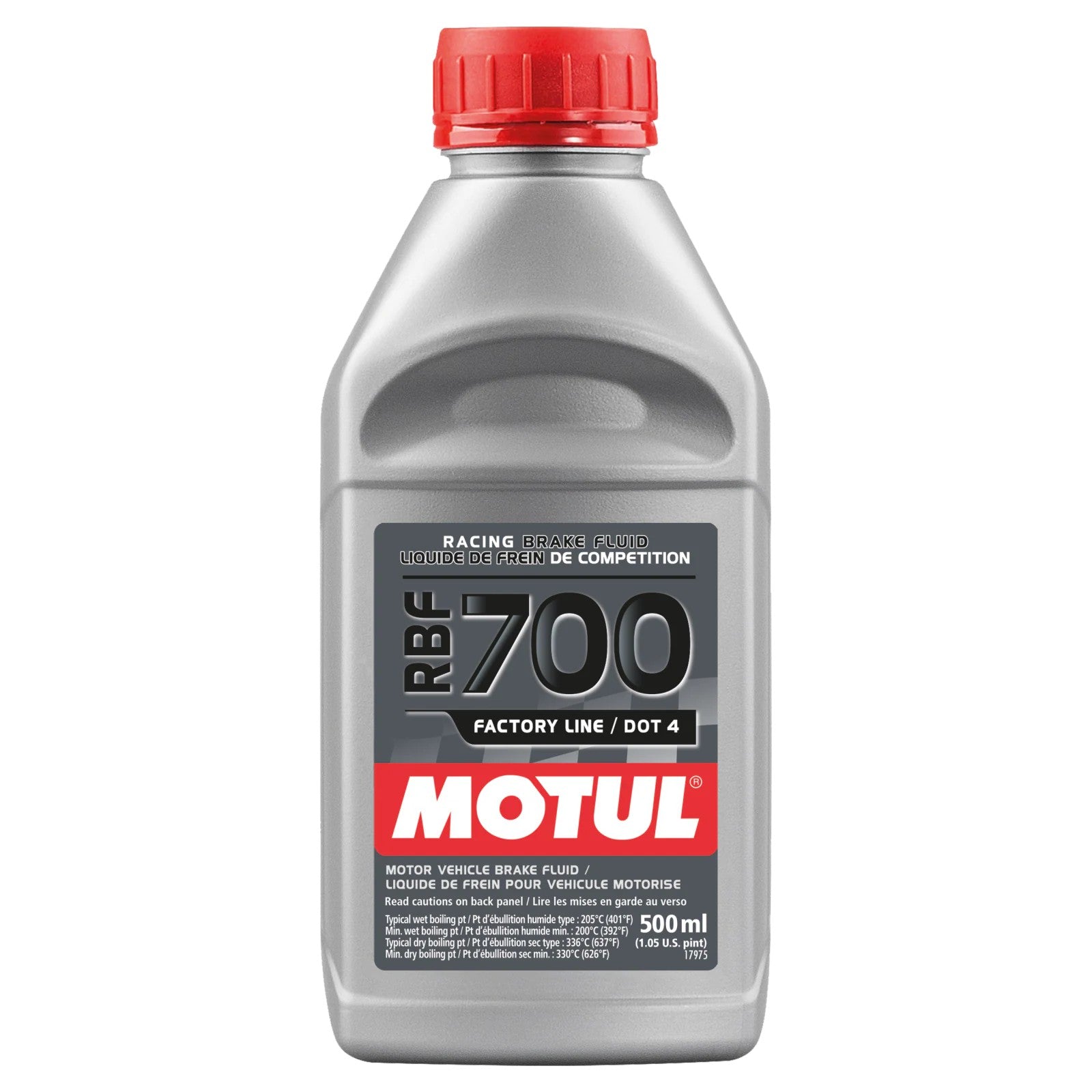 500ml bottle of Motul RBF 700 Racing DOT 4 Brake Fluid for high-performance racing systems.