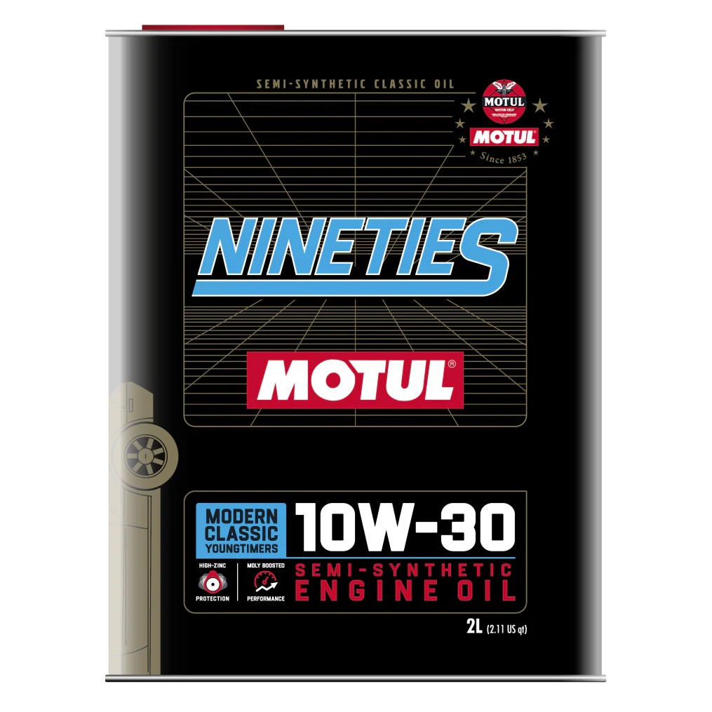 Case of ten 2-liter metal cans of Motul Classic Nineties 10W30 semi-synthetic engine oil for vintage performance vehicles.