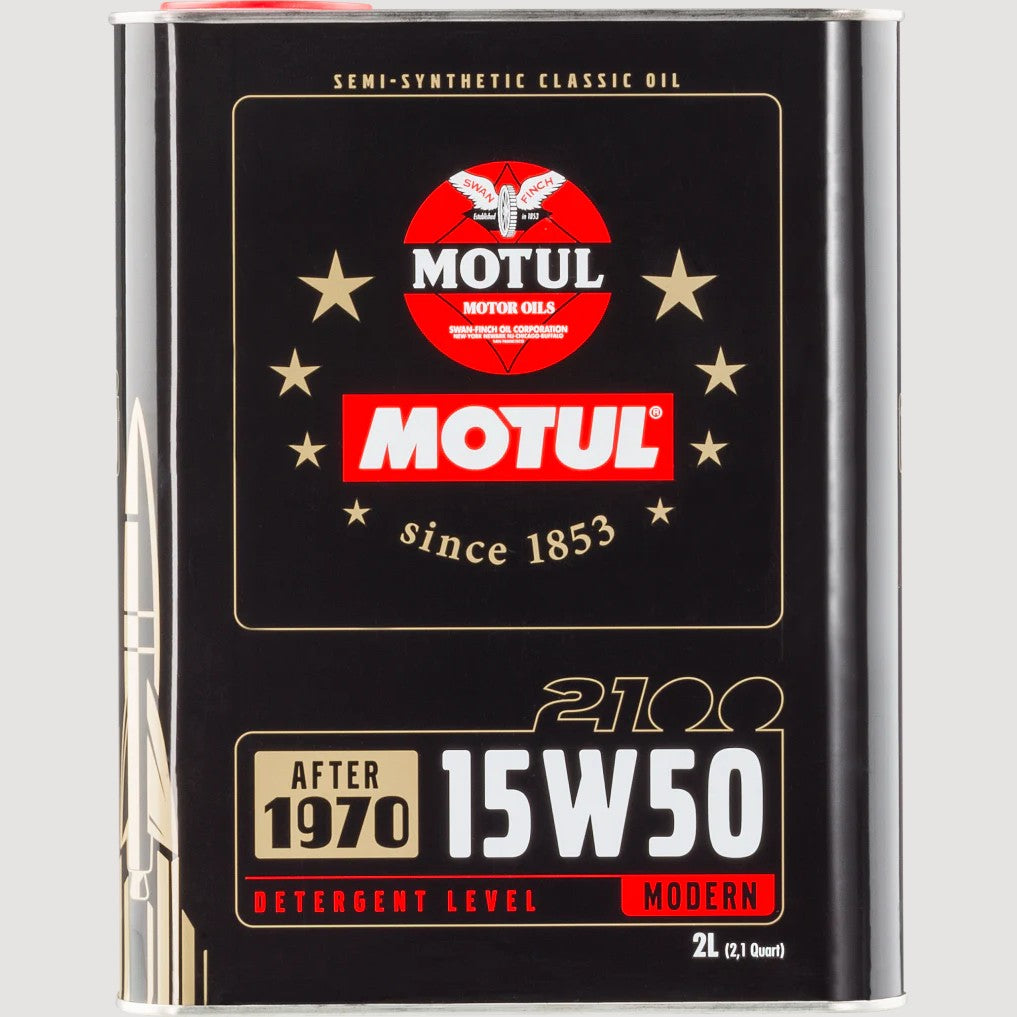 Case of ten 2 liter cans of Motul Classic 2100 15W50 semi-synthetic engine oil