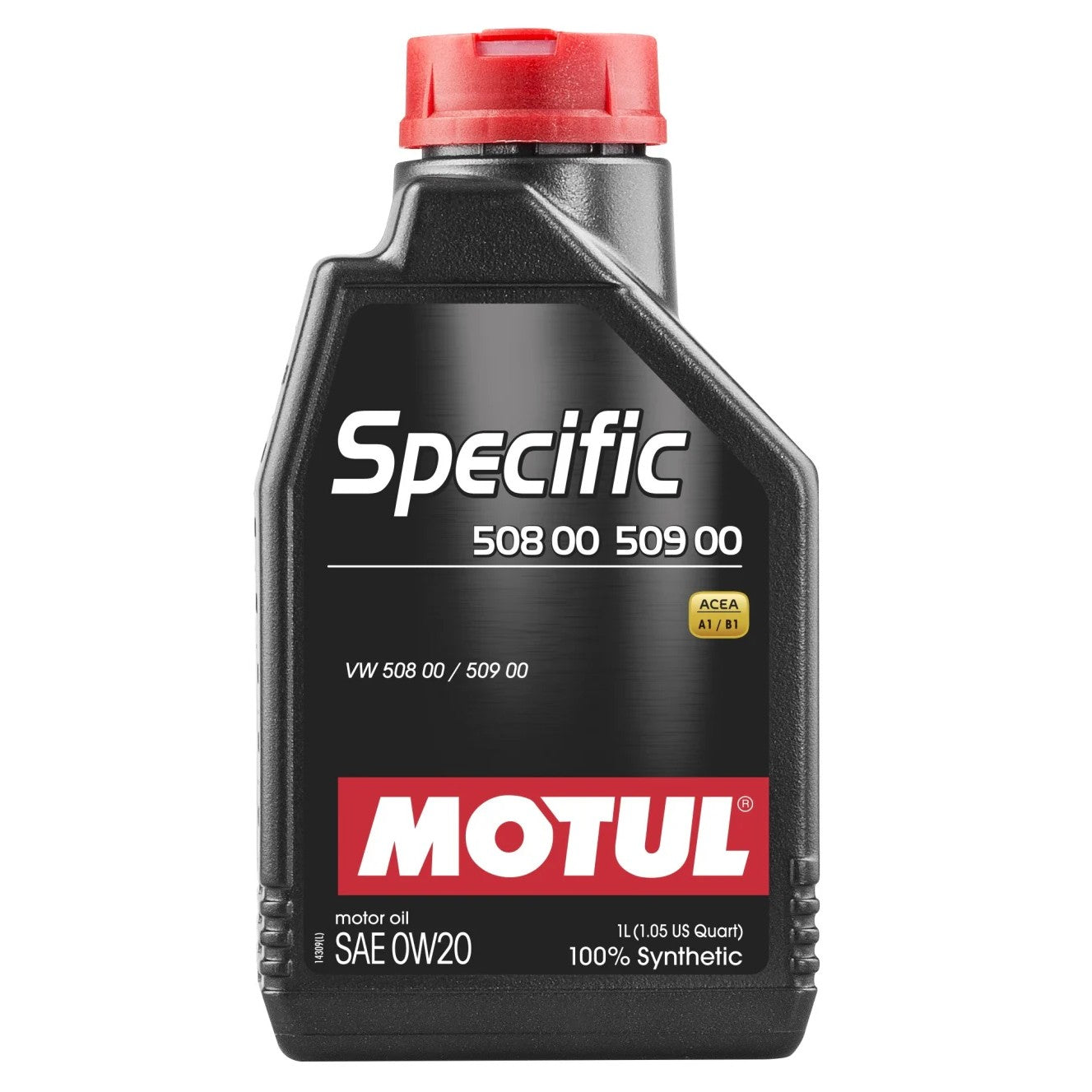 One liter bottle of Motul Specific 508 00 509 00 0W-20 synthetic engine oil for Audi, Porsche, and VW.