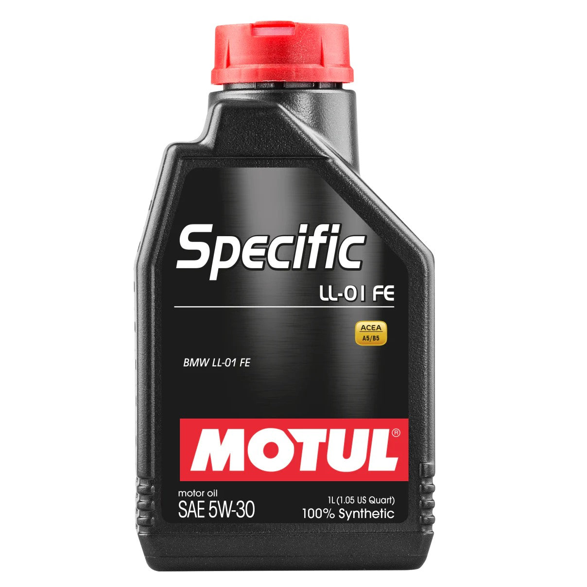 One liter bottle of Motul Specific LL-01 FE 5W30 100% synthetic engine oil for BMW and MINI vehicles.