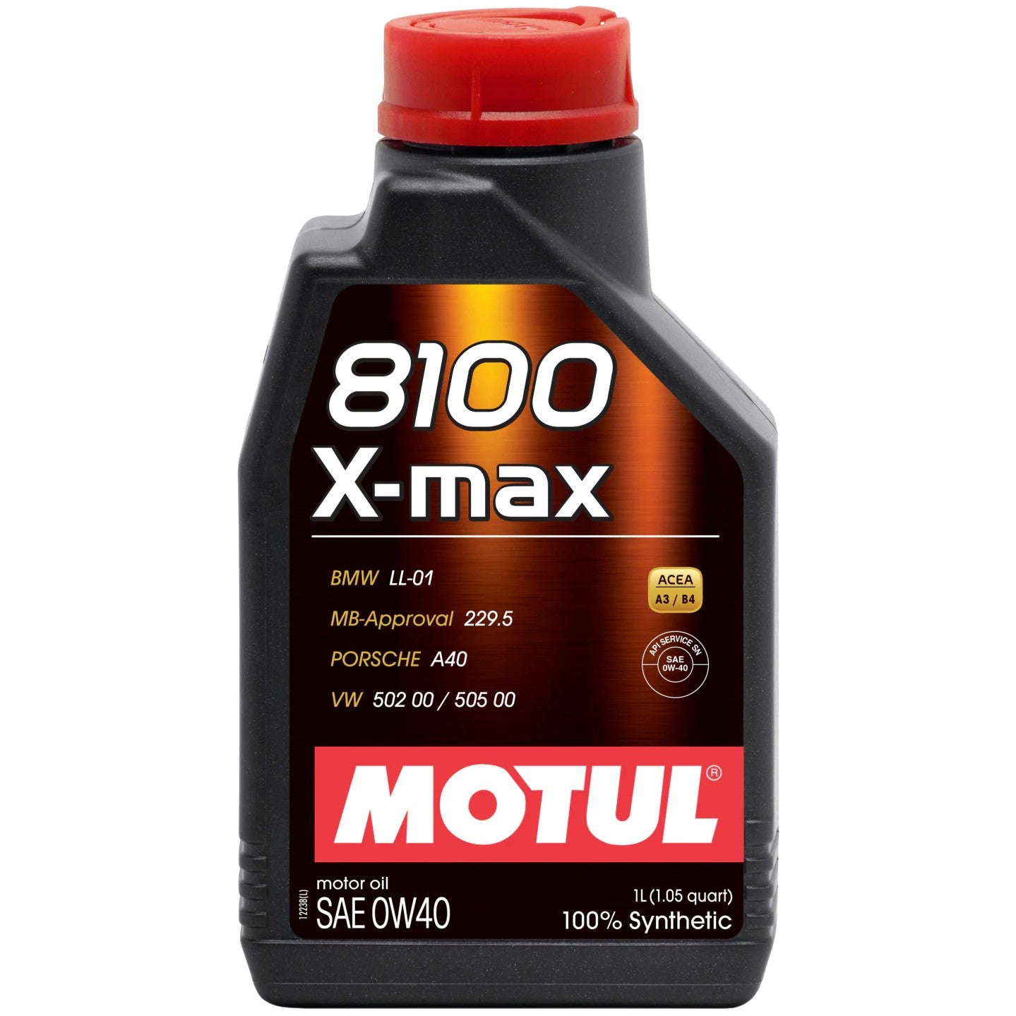 One liter bottle of Motul 8100 X-MAX 0W40 100 percent synthetic high performance engine oil.