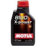 1 Liter bottle of Motul 8100 X-Power 10W-60 synthetic engine oil with ACEA A3/B4 and API SN ratings