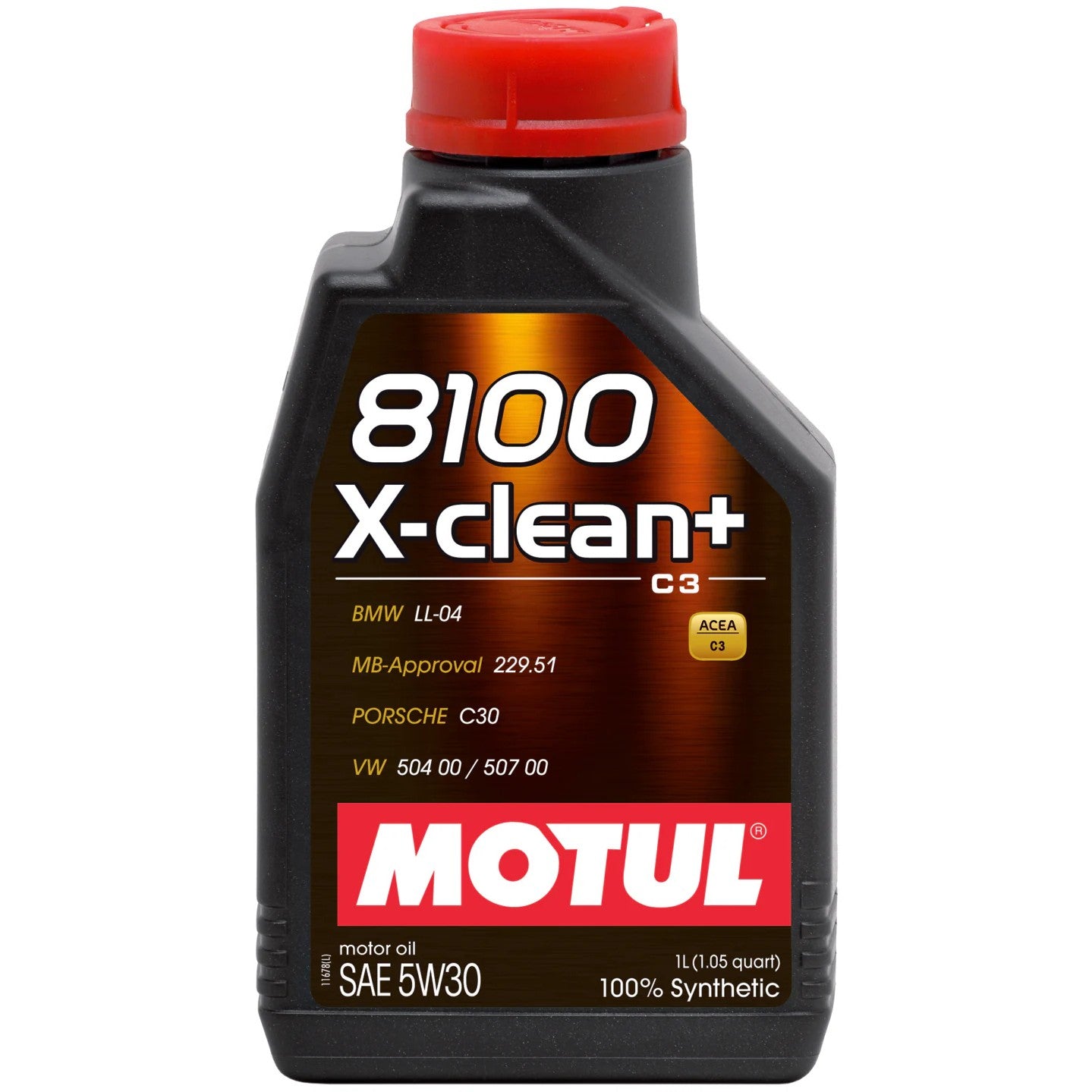 One liter gold-labeled bottle of Motul 8100 X-CLEAN 5W30 synthetic engine oil.