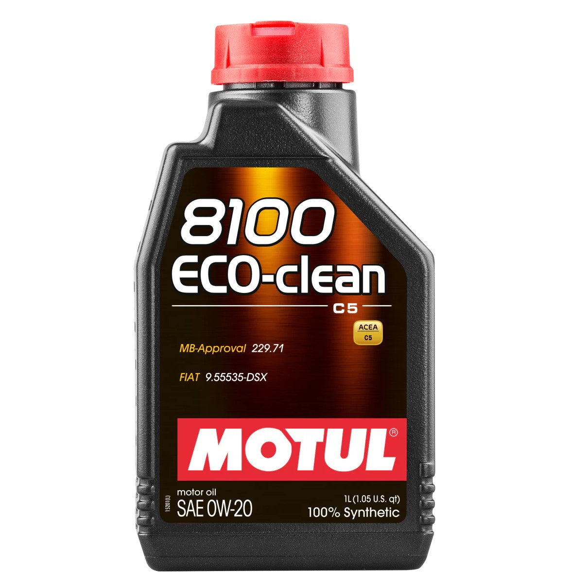 One liter bottle of Motul 8100 Eco-Clean 0W-20 100% synthetic engine oil