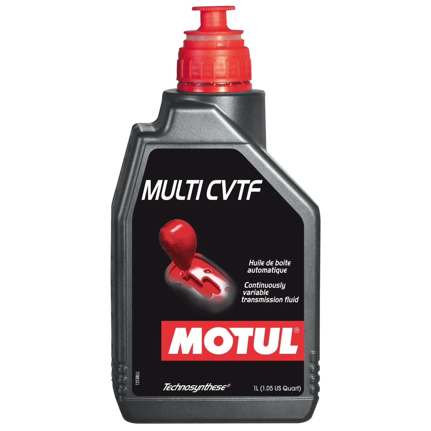 One liter bottle of Motul Multi CVTF Technosynthese synthetic transmission fluid for CVT gearboxes.