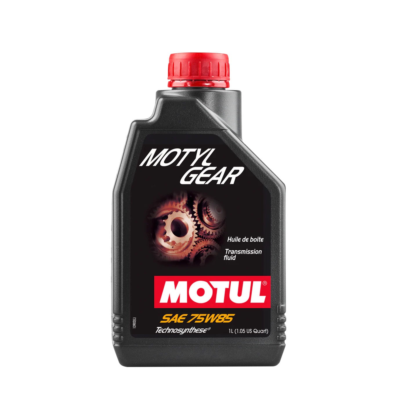 One liter bottle of Motul Motylgear 75W85 Technosynthese transmission and gear oil.