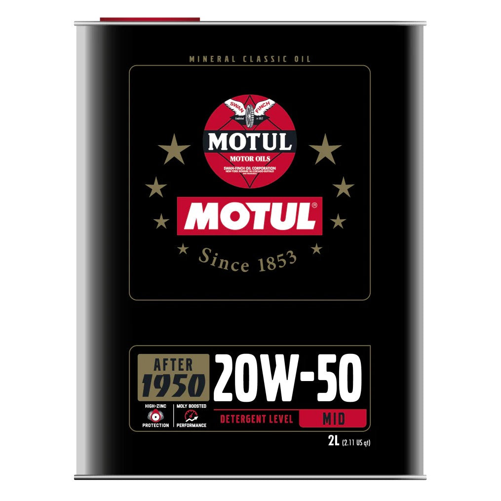 Case of ten 2-liter metal cans of Motul Classic Performance 20W50 mineral engine oil.