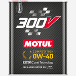 Two liter metal can of Motul 300V Competition 0W-40 synthetic racing engine oil.