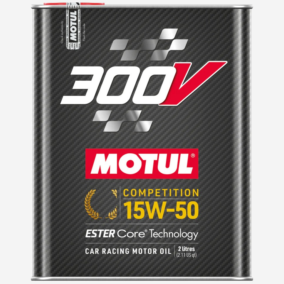 2-liter metal can of Motul 300V Competition 15W-50 synthetic racing motor oil