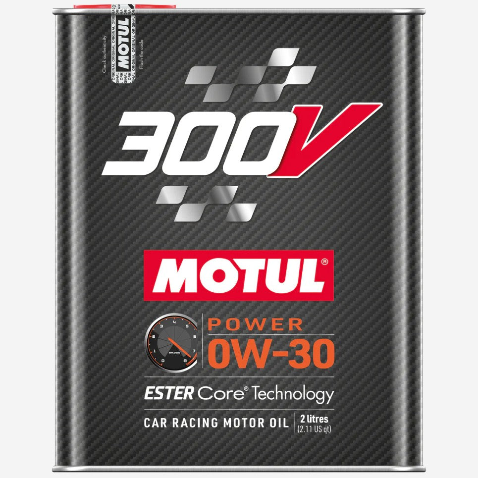 2 Liter metal container of Motul 300V Power 0W30 synthetic racing engine oil