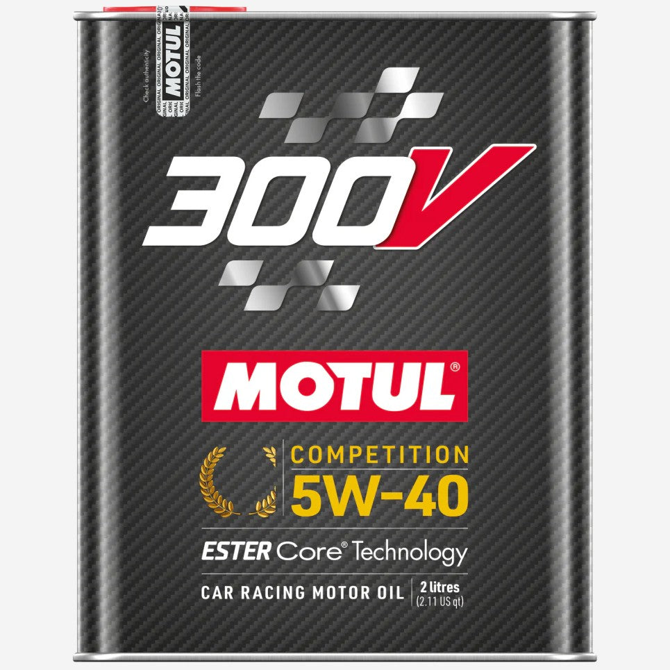 Case of ten 2-liter metal cans of Motul 300V Competition 5W40 synthetic ester racing oil.