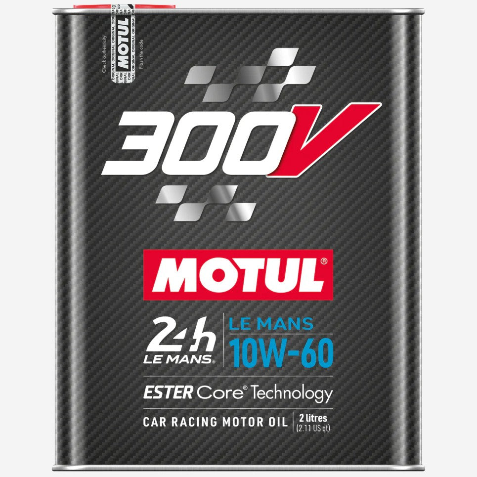 Case of ten 2-liter metal cans of Motul 300V Le Mans 10W60 synthetic ester racing engine oil