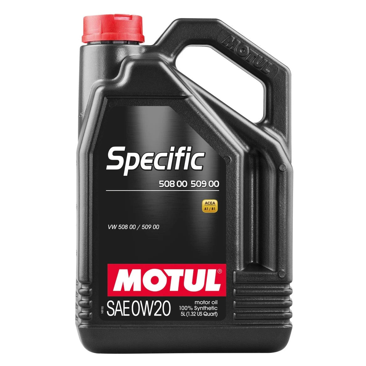 5-liter container of Motul Specific 508 0W20 100% synthetic engine oil with VW 508.00 and Porsche C20 approvals.