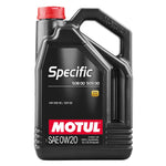 5-liter container of Motul Specific 508 0W20 100% synthetic engine oil with VW 508.00 and Porsche C20 approvals.