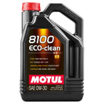 Case of four 5-liter jugs of Motul 8100 ECO-CLEAN 0W-30 synthetic engine oil showing ACEA C2 and ST.JLR 03.5007 specs.